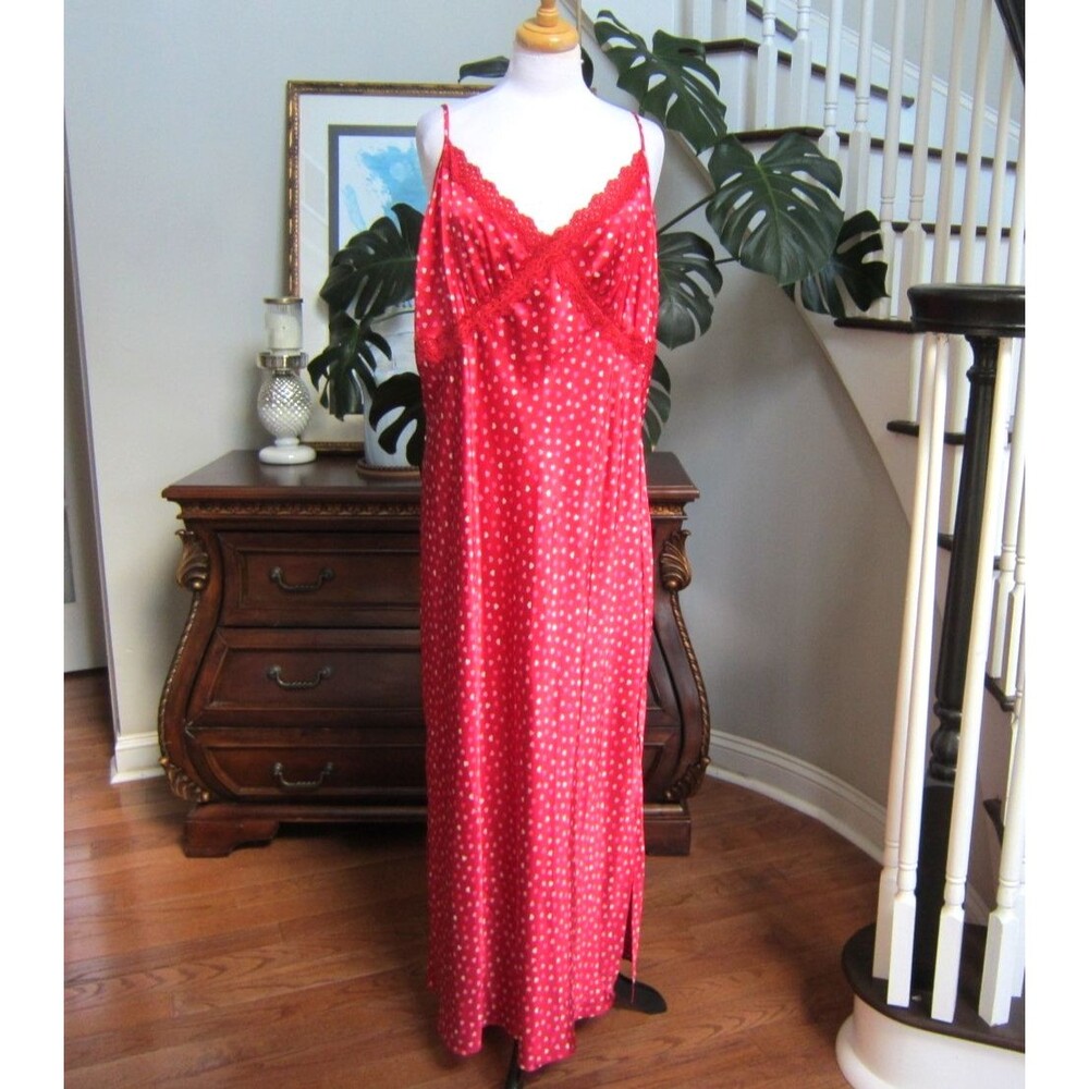 Jaclyn Smith Red Heart Print Satin Chemise Nightgown w/ Lace Trim Size 2X